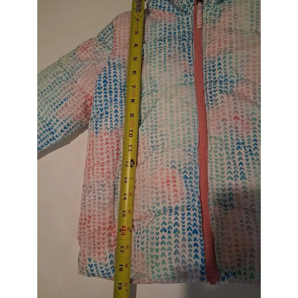 Snozu Girls Puffer Jacket Size 5 Pink Blue Heart Pattern Fleece Lined Hooded...